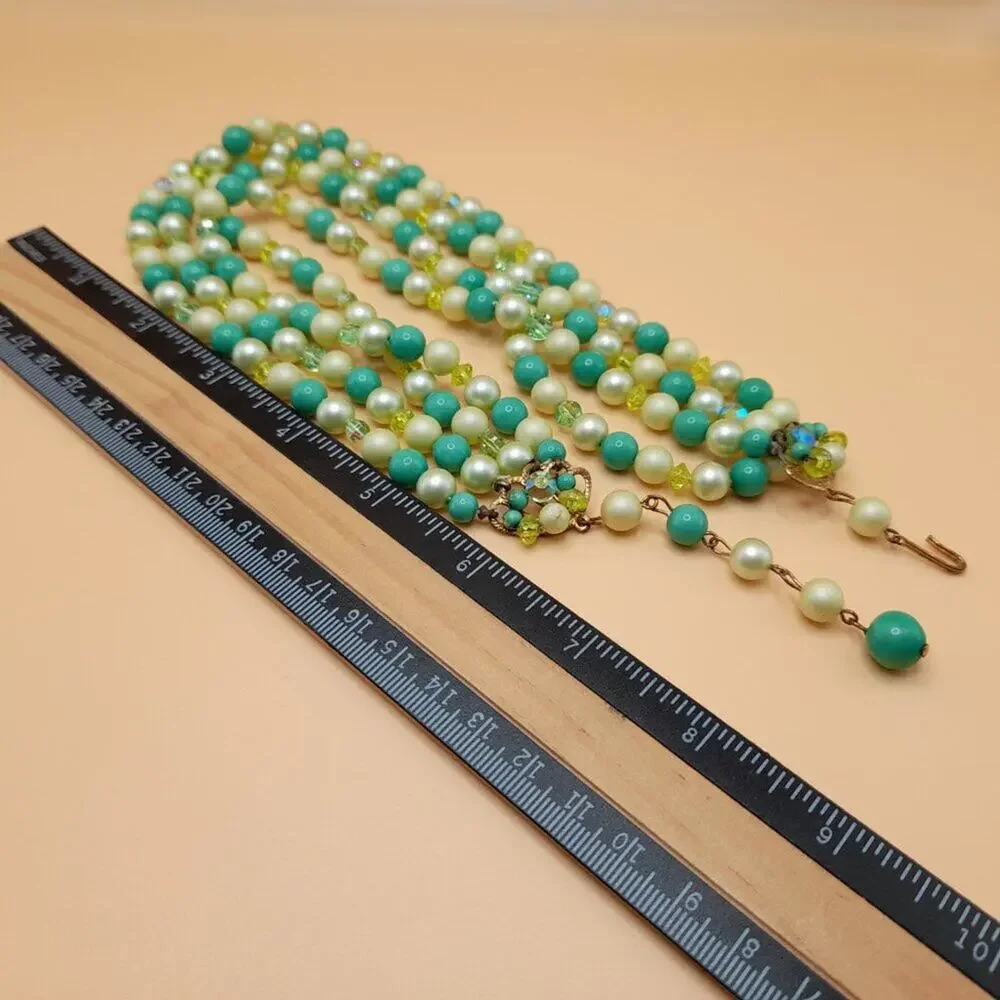 Vintage Green White Bead Necklace, Four Strands, AB Crystal Aspirin Beads, 16 In